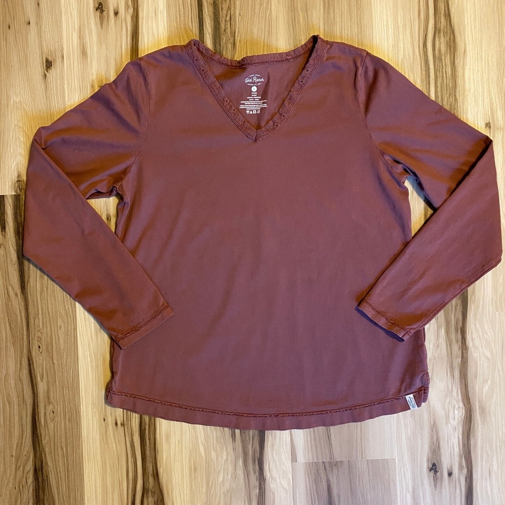 Old Ranch Brands Womens Mauve Cotton Eyelet V-Neck Long Sleeve Tee Shirt Size L
